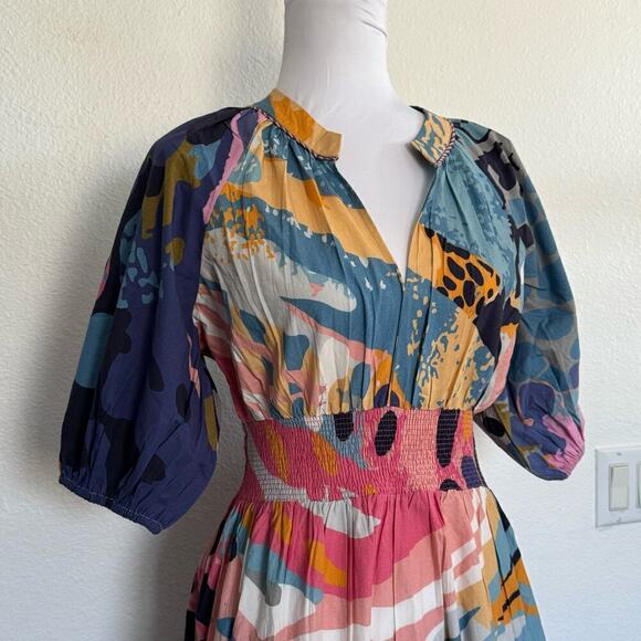 Bl^nk Dress Anthropologie Tiered Boho Midi Handmade Pink Blue Yellow Sz S - Picture 4 of 9